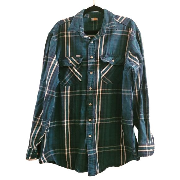 Carhartt Mens Green Plaid Flannel Distressed Size L Read - Picture 1 of 10